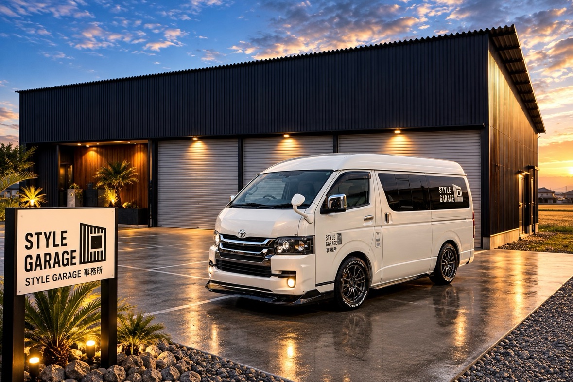 STYLE GARAGE 拠点の夕景