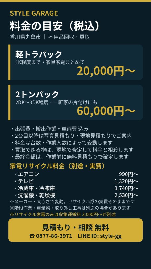 STYLE GARAGEの料金表(軽トラパック・2トンパックなど)